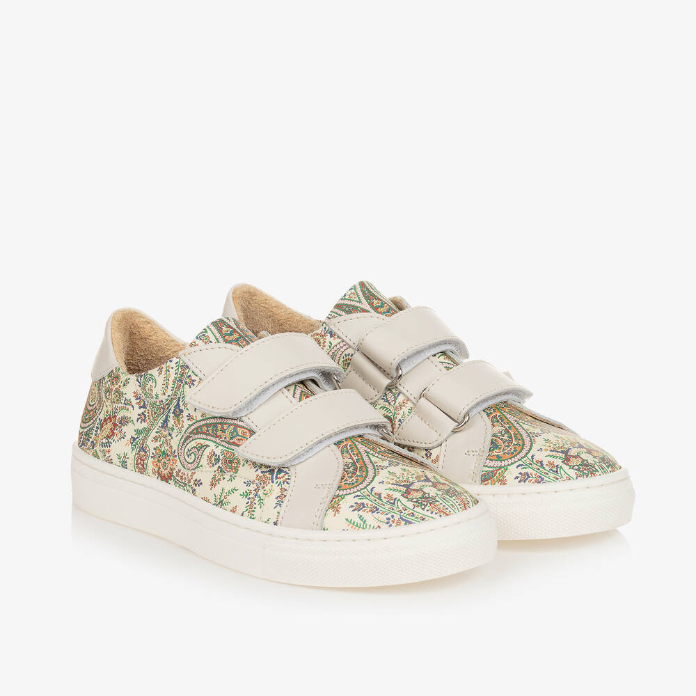 Etro-حذاء رياضي بشريط لاصق جلد لون أخضر وعاجي | Childrensalon Outlet