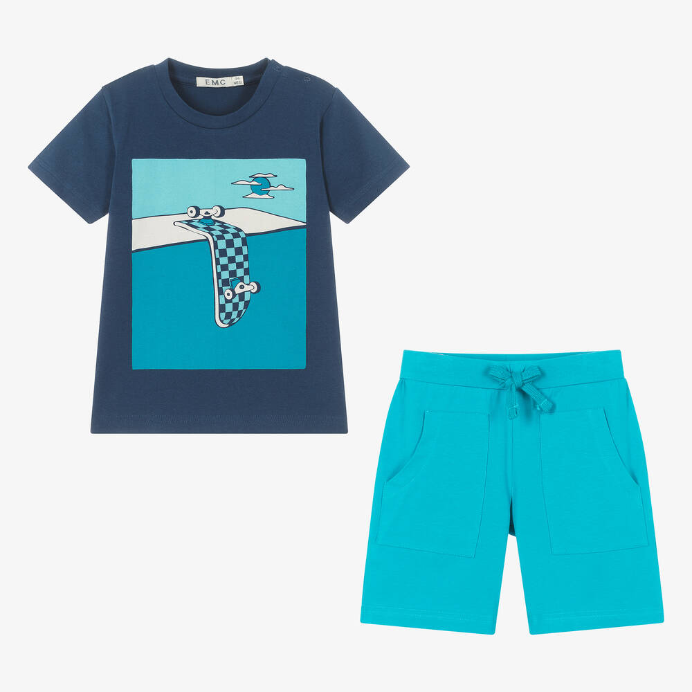 Everything Must Change-Boys Blue Cotton Skateboard Shorts Set | Childrensalon Outlet