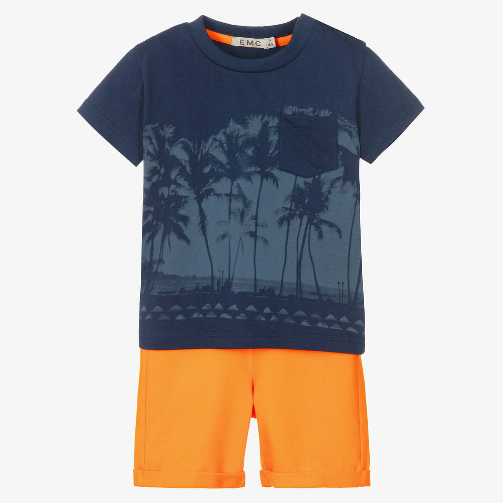 Everything Must Change - Boys Blue & Orange Palm Tree Shorts Set | Childrensalon