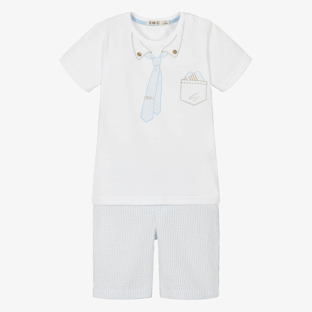 Everything Must Change-Boys Blue & White Cotton Shorts Set | Childrensalon Outlet