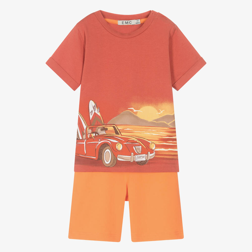 Everything Must Change-Boys Orange Cotton Car Print Shorts Set | Childrensalon Outlet
