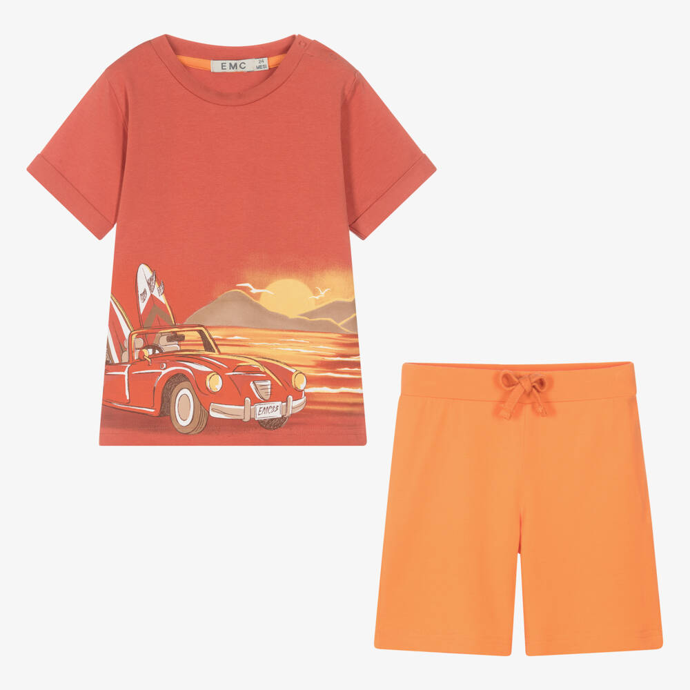 Everything Must Change-Boys Orange Cotton Car Print Shorts Set | Childrensalon Outlet