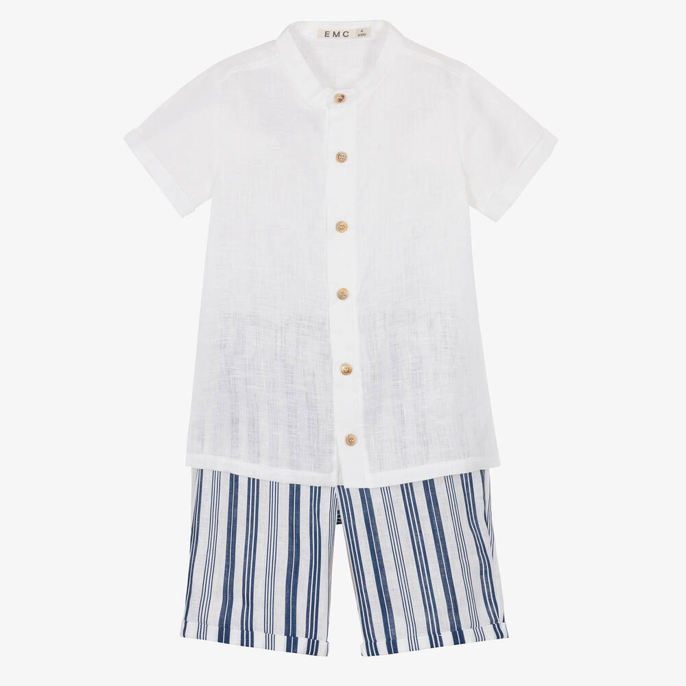 Everything Must Change - Boys White & Blue Linen Shorts Set | Childrensalon