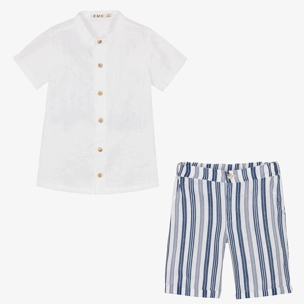 Everything Must Change-Белая рубашка и голубые шорты из льна | Childrensalon Outlet