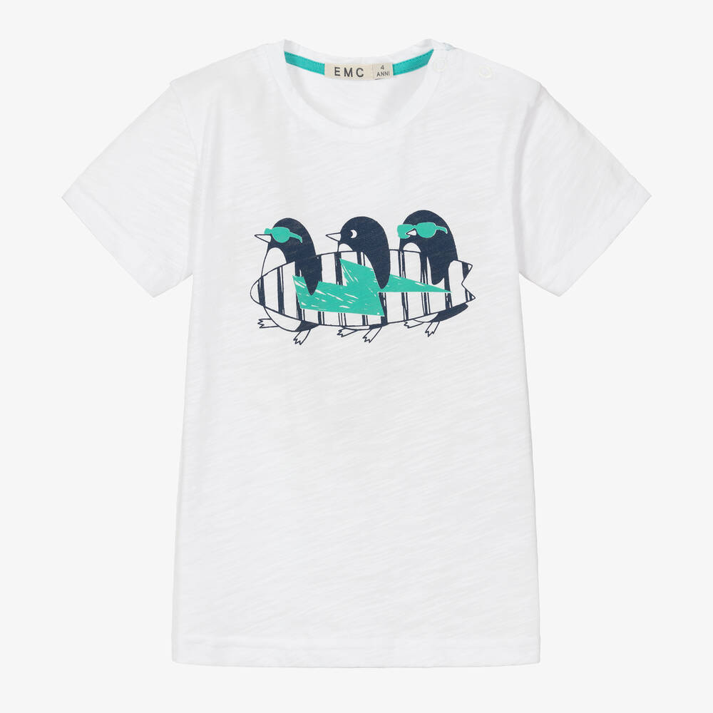 Everything Must Change - Boys White Cotton Penguins T-Shirt | Childrensalon