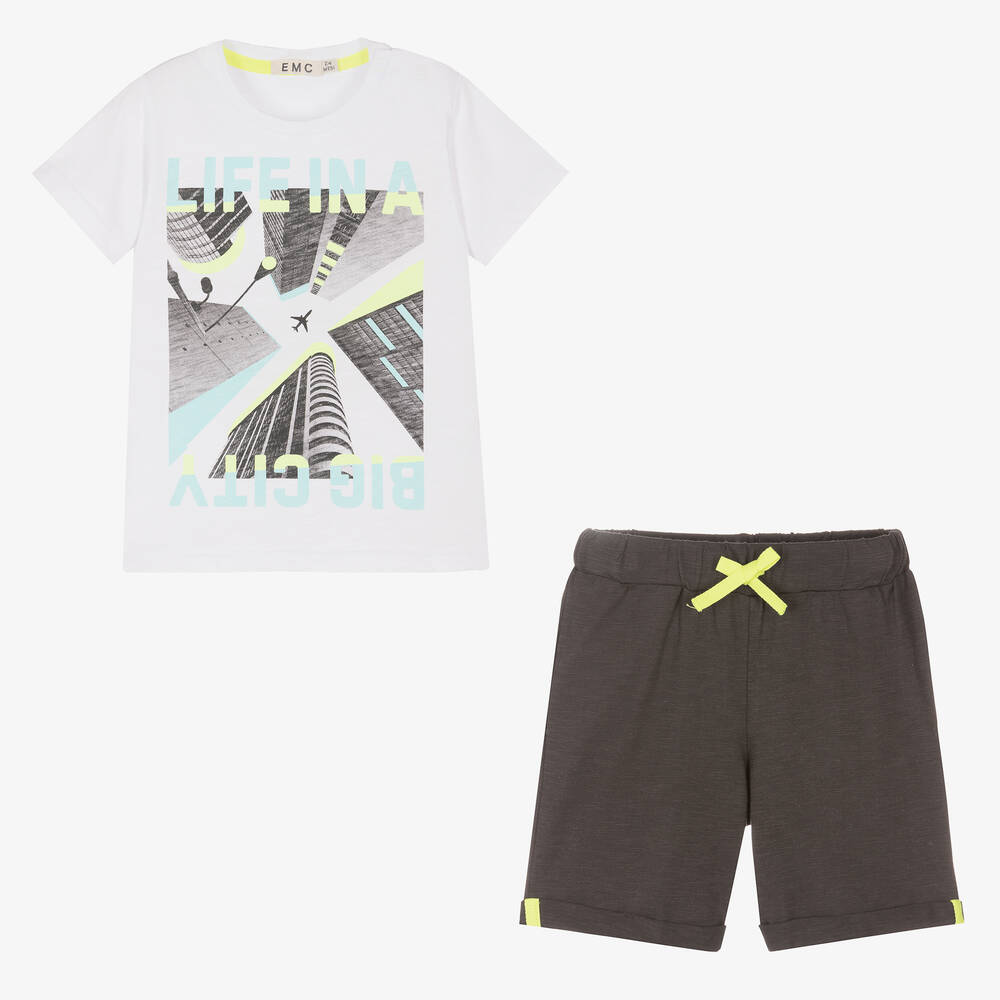 Everything Must Change-Boys White & Grey Cotton Shorts Set | Childrensalon Outlet