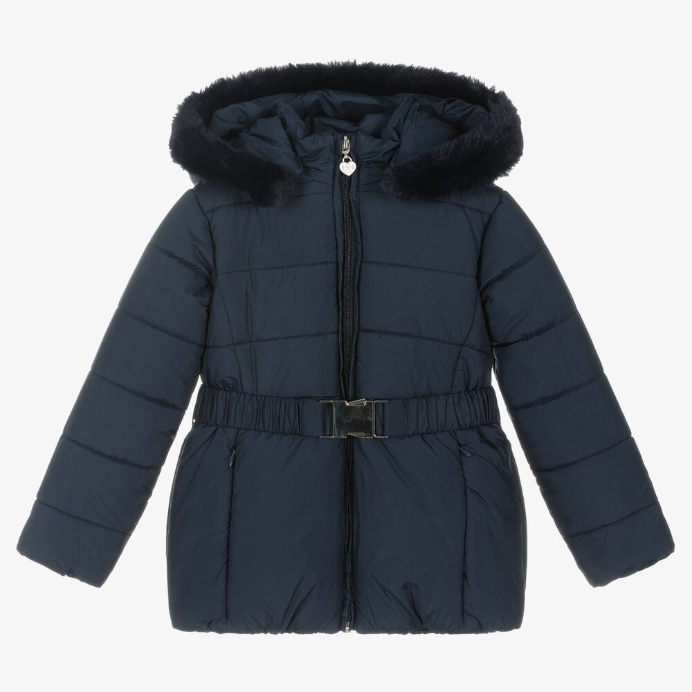 Everything Must Change - Girls Blue Hooded Puffer Coat | Childrensalon