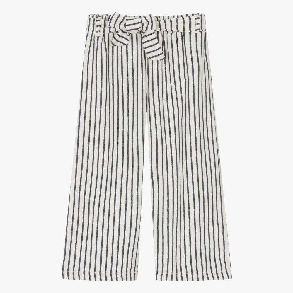 Girls Ivory Blue Striped Cotton Trousers