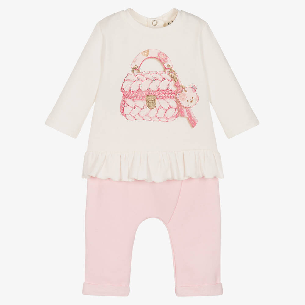 Everything Must Change - Girls Ivory & Pink Cotton Trouser Set | Childrensalon