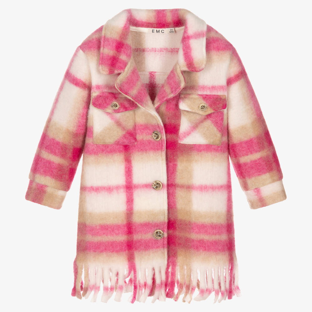 Everything Must Change - Girls Pink Check Brushed Wool Coat | Childrensalon