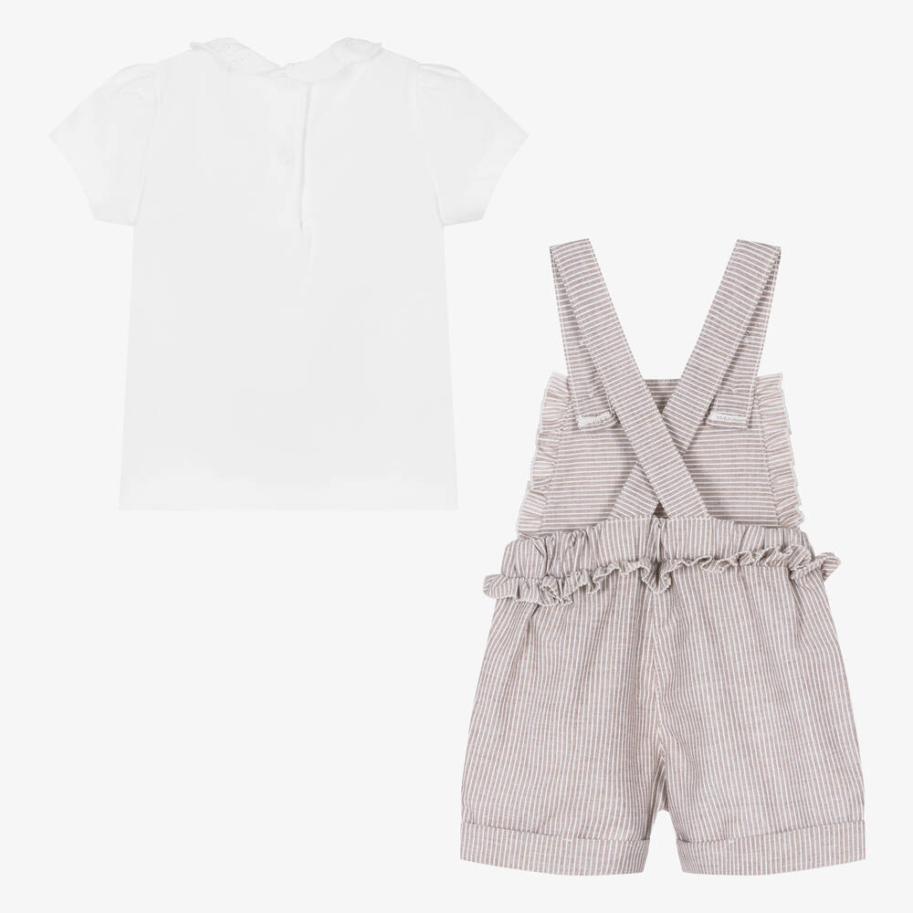Everything Must Change-Girls White & Brown Stripe Dungaree Shorts Set | Childrensalon Outlet