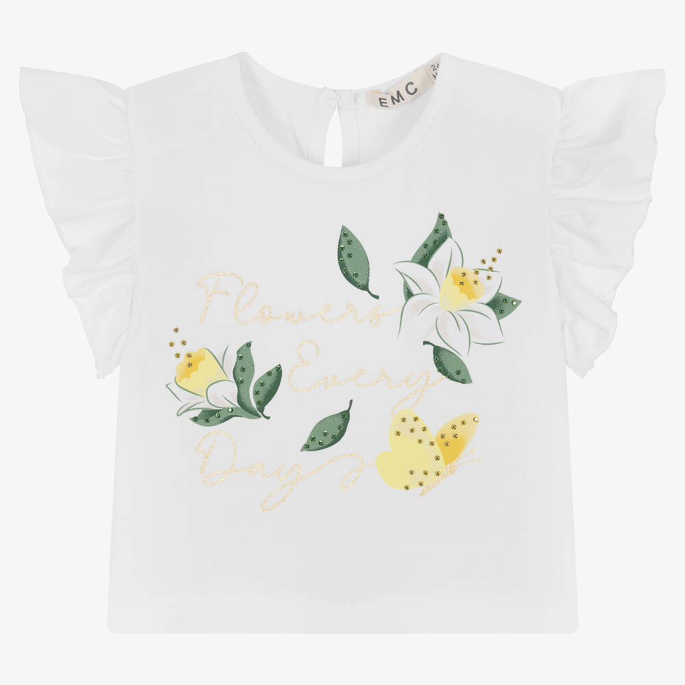 Everything Must Change - Girls White Cotton Flower T-Shirt | Childrensalon