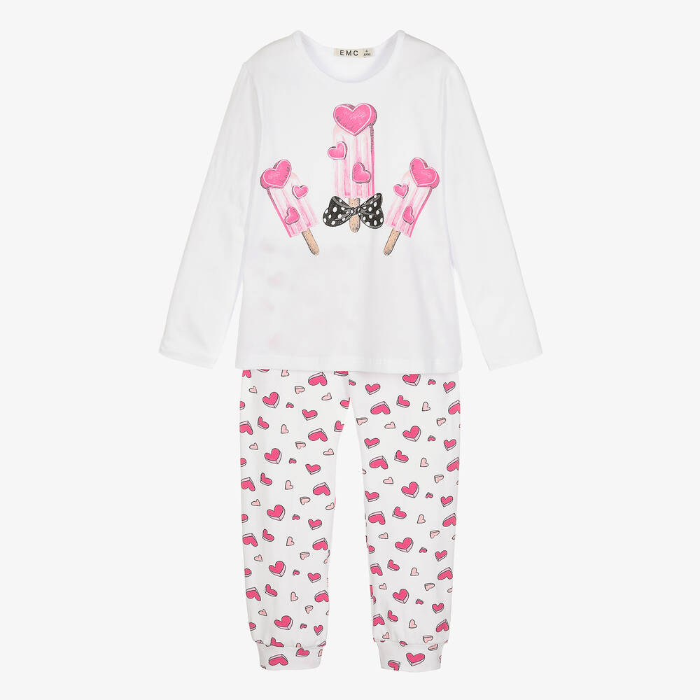 Everything Must Change - Girls White & Pink Cotton Long Pyjamas | Childrensalon