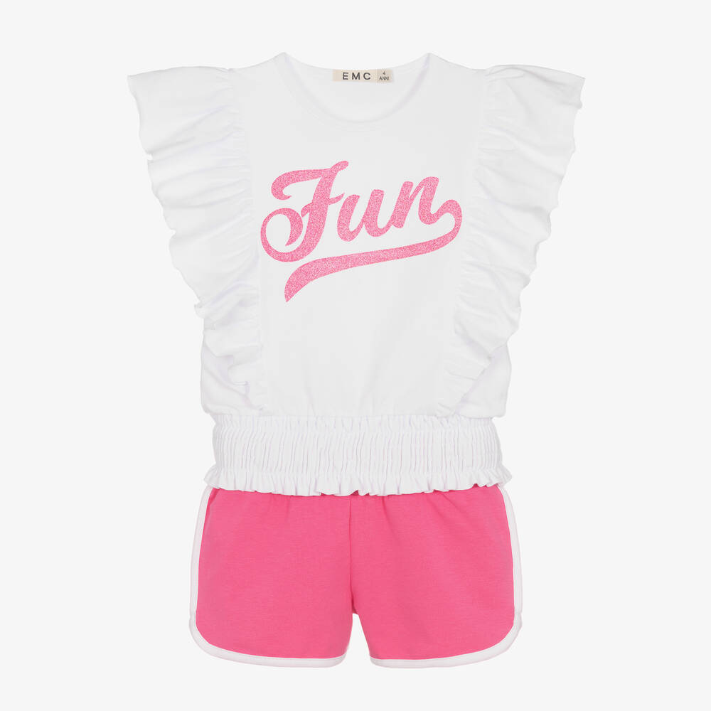 Everything Must Change - Girls White & Pink Cotton Shorts Set | Childrensalon
