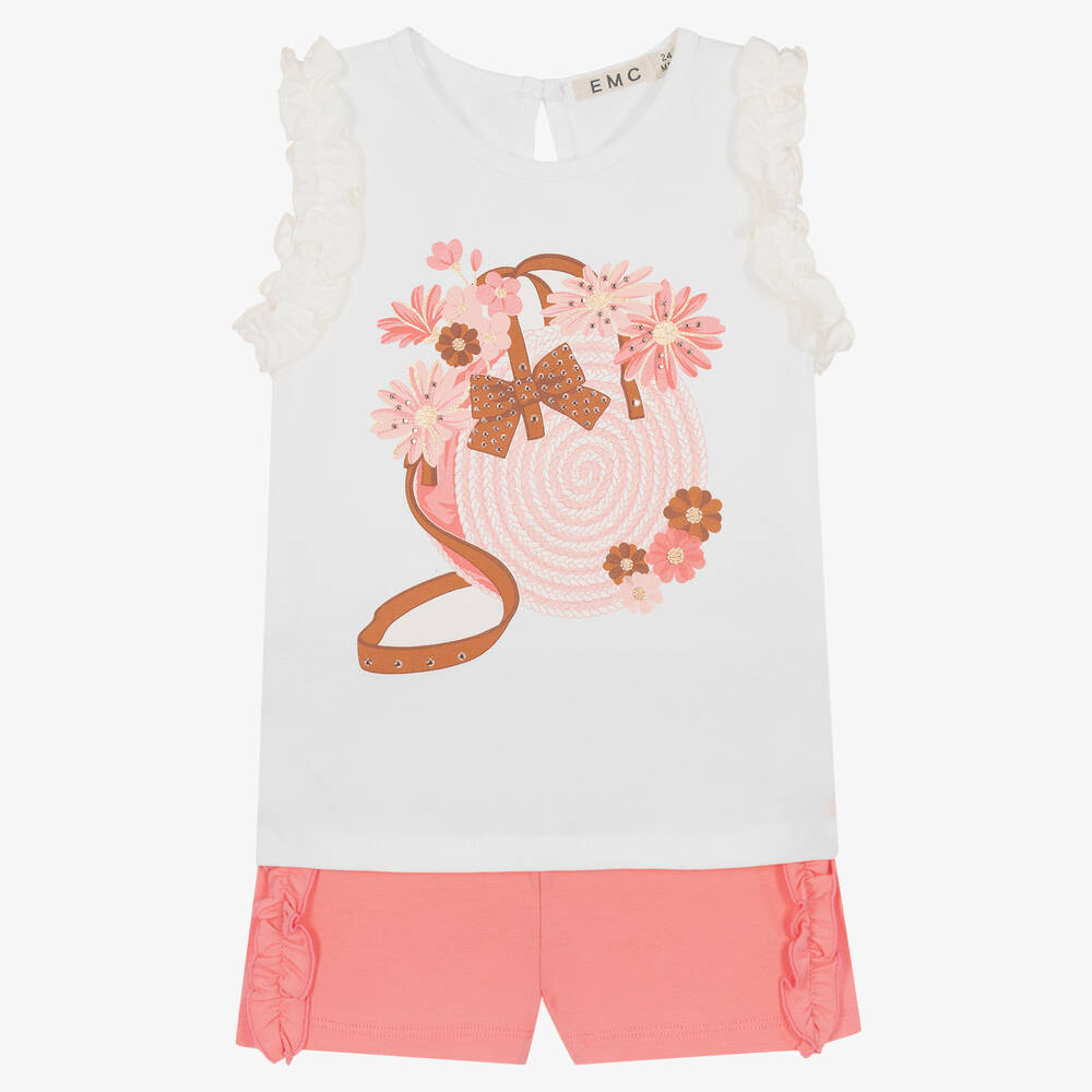 Everything Must Change - Girls White & Pink Cotton Shorts Set | Childrensalon