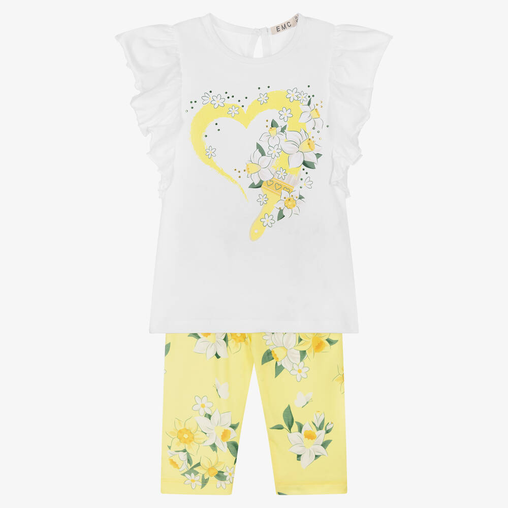 Everything Must Change-طقم ليغنغز قطن جيرسي لون أبيض وأصفر للبنات | Childrensalon Outlet