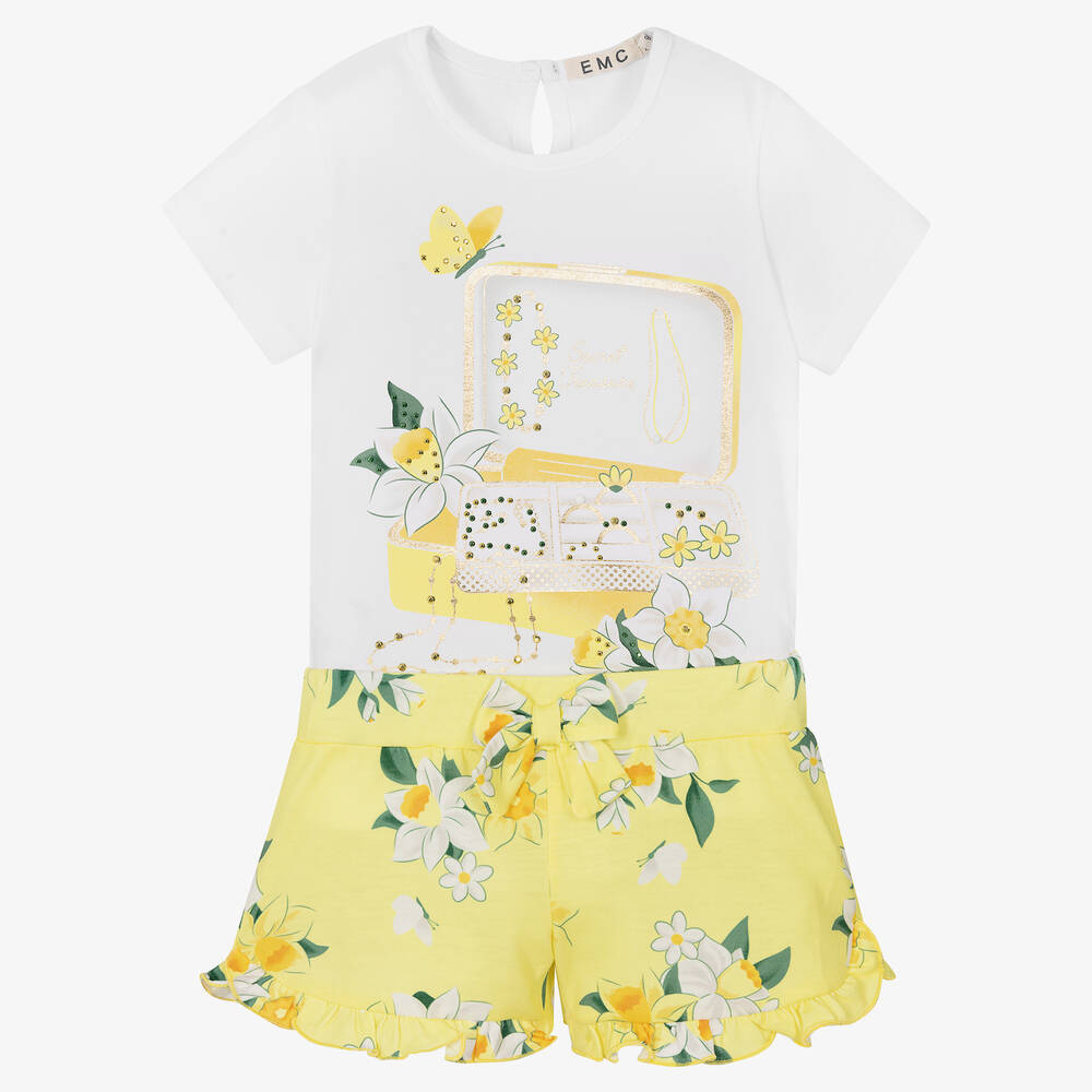 Everything Must Change - Girls White & Yellow Daffodil Shorts Set | Childrensalon