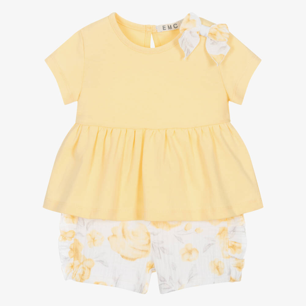 Everything Must Change-Girls Yellow Cotton Floral Shorts Set | Childrensalon Outlet