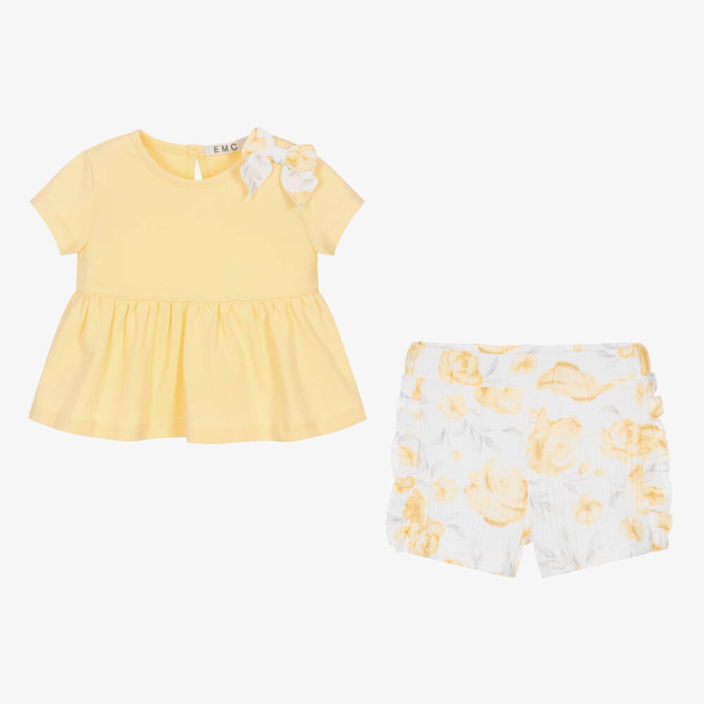 Everything Must Change-Girls Yellow Cotton Floral Shorts Set | Childrensalon Outlet