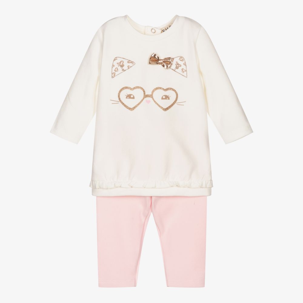 Everything Must Change-Ivory & Pink Cat Leggings Set | Childrensalon Outlet