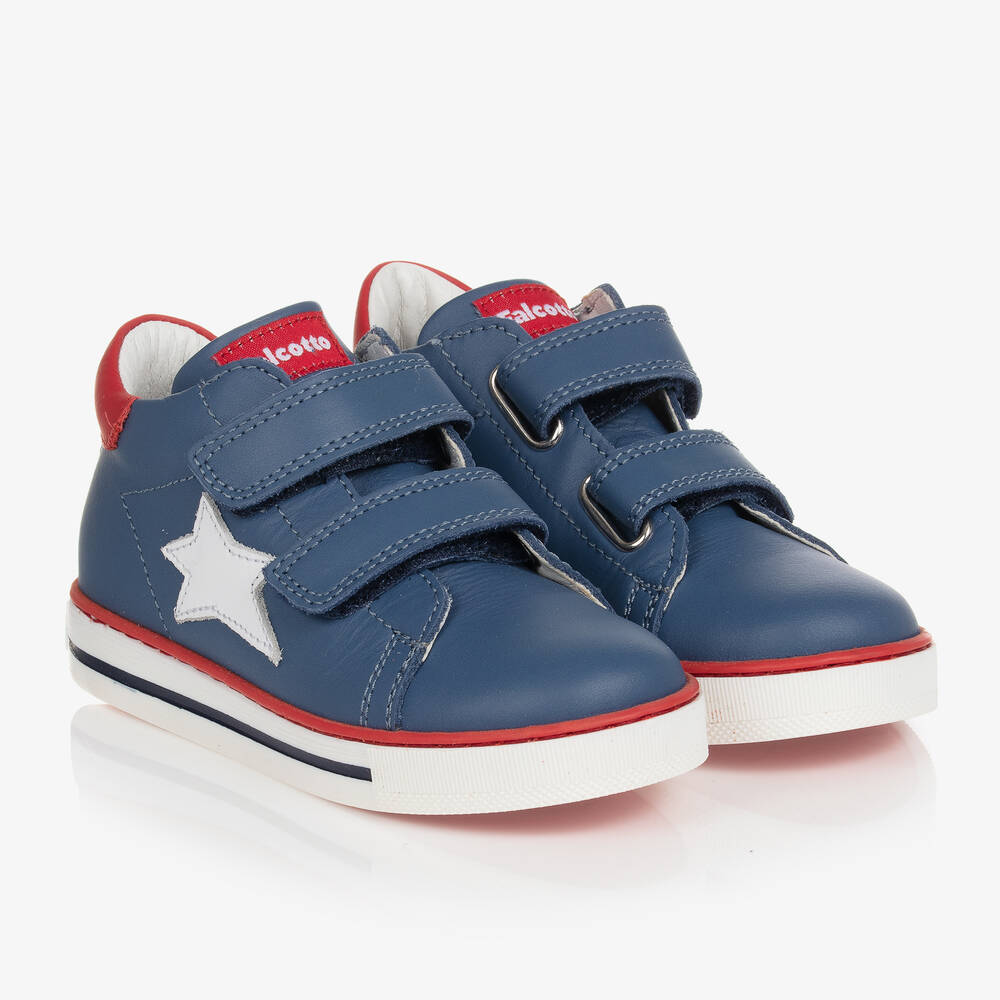 Falcotto by Naturino - Boys Blue Leather Star Velcro Trainers | Childrensalon