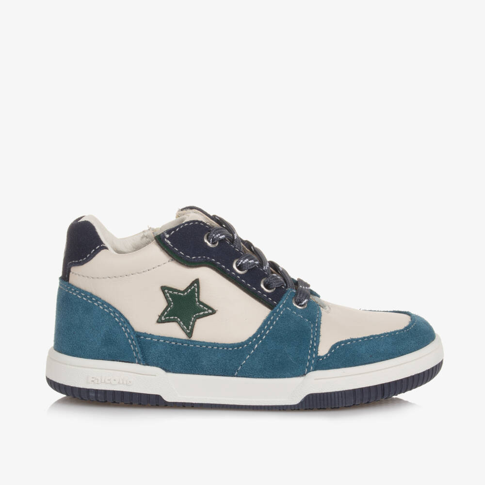 Falcotto by Naturino-Boys Ivory & Blue Leather Trainers | Childrensalon Outlet
