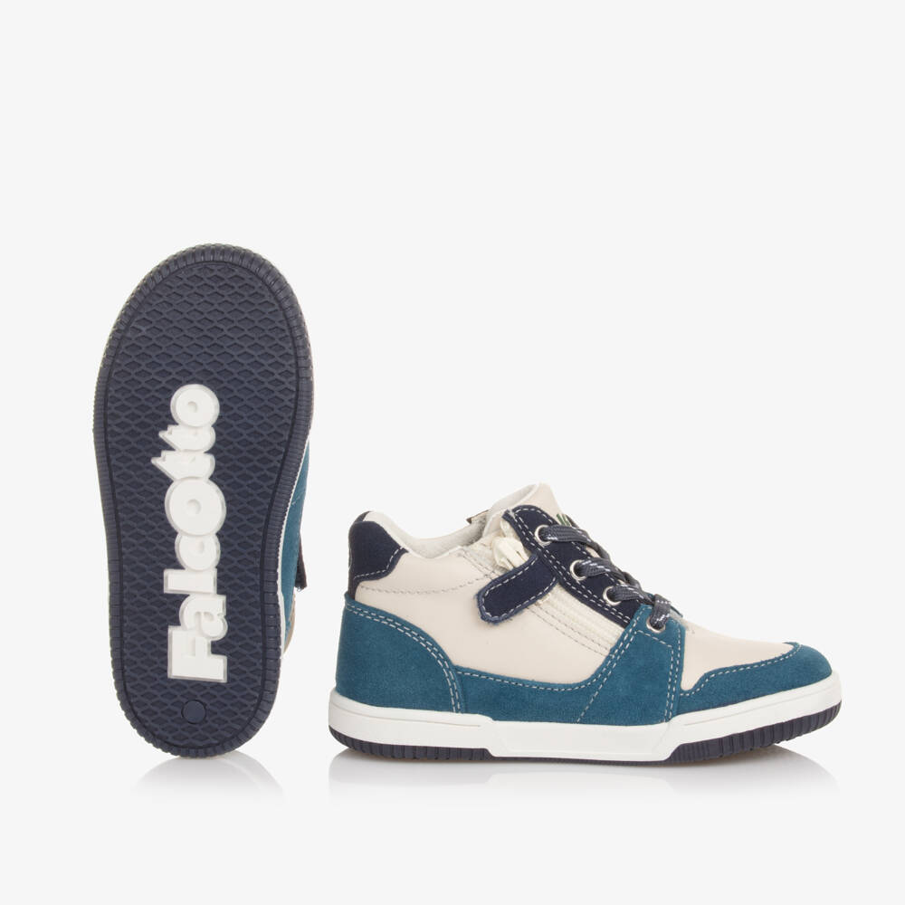 Falcotto by Naturino-Boys Ivory & Blue Leather Trainers | Childrensalon Outlet