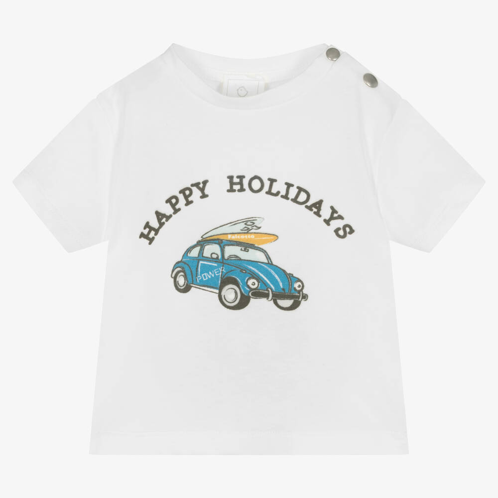 Falcotto by Naturino - Boys White Cotton Car T-Shirt | Childrensalon