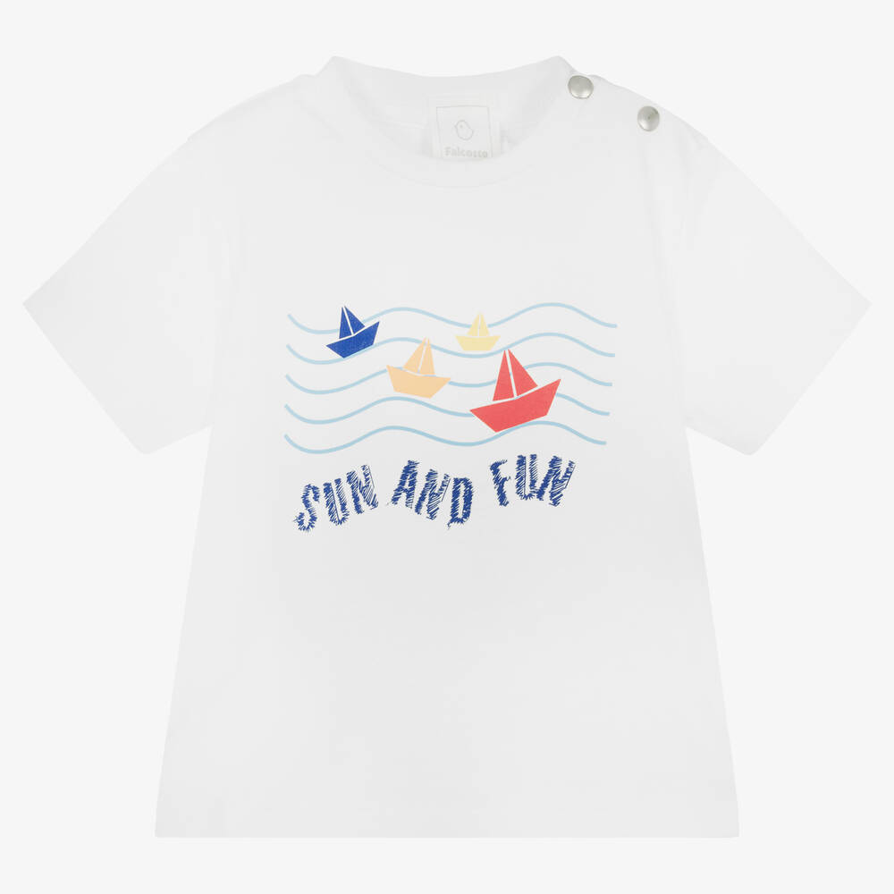 Falcotto by Naturino - Boys White Cotton Sailing Boat T-Shirt | Childrensalon