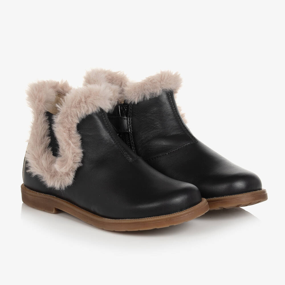 Falcotto by Naturino - Girls Black Leather Faux Fur Boots | Childrensalon