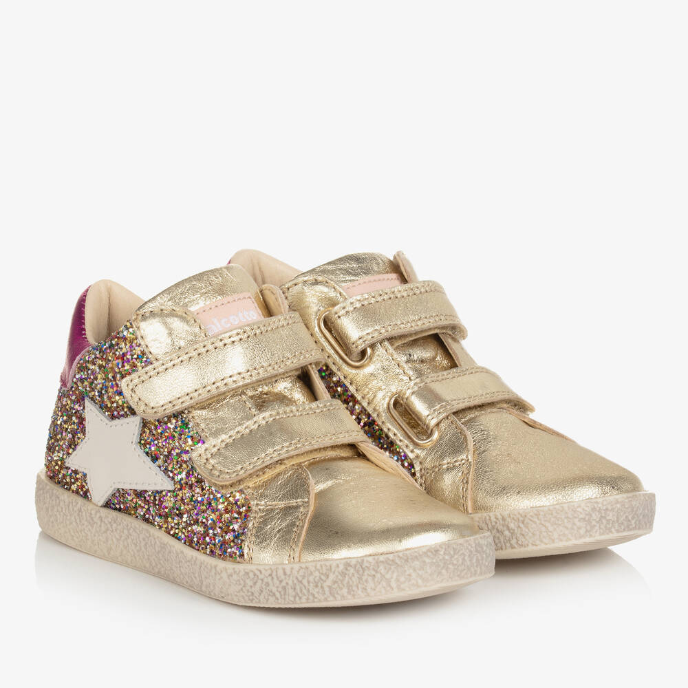 Falcotto by Naturino - Girls Gold & Pink Sequin Leather Trainers | Childrensalon