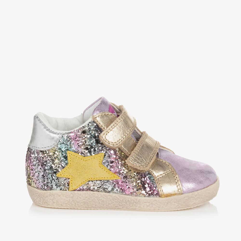Falcotto by Naturino Girls Purple Sequin Leather Trainers Childrensalon Outlet