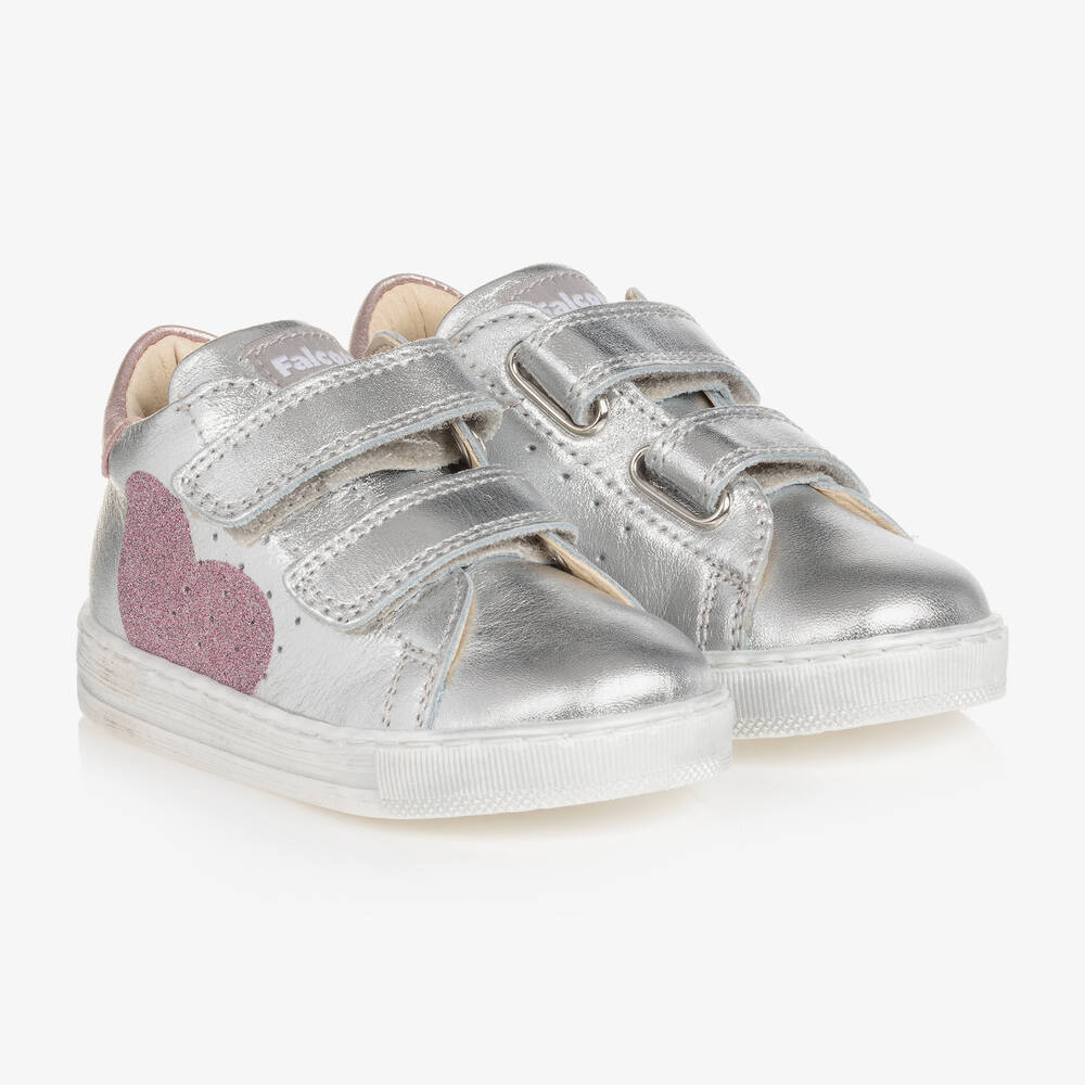 Falcotto by Naturino-Серебристые кожаные кроссовки с розовыми сердечками | Childrensalon Outlet