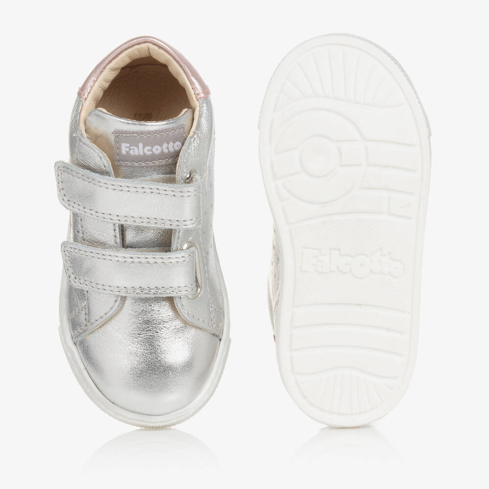 Falcotto by Naturino Girls Silver Pink Heart Leather Trainers Childrensalon Outlet