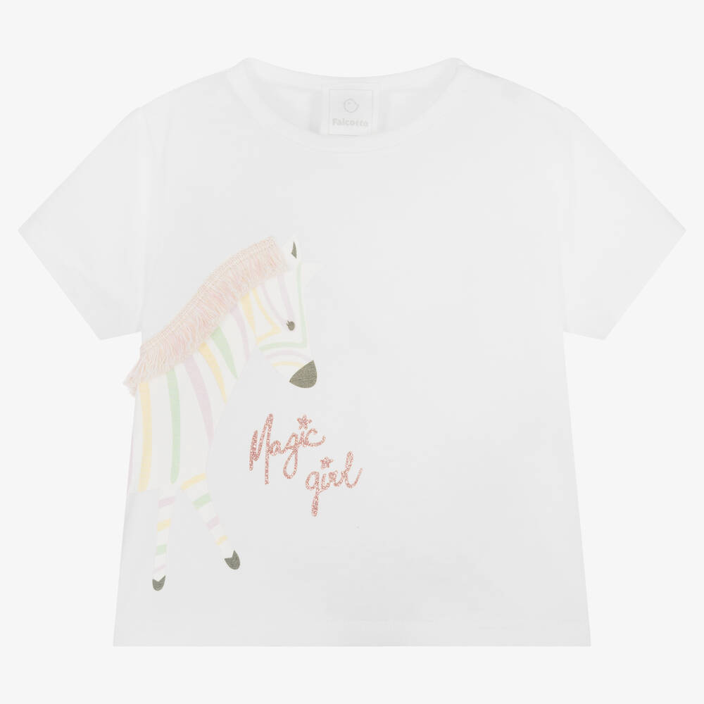 Falcotto by Naturino-Girls White Cotton Zebra T-Shirt | Childrensalon Outlet