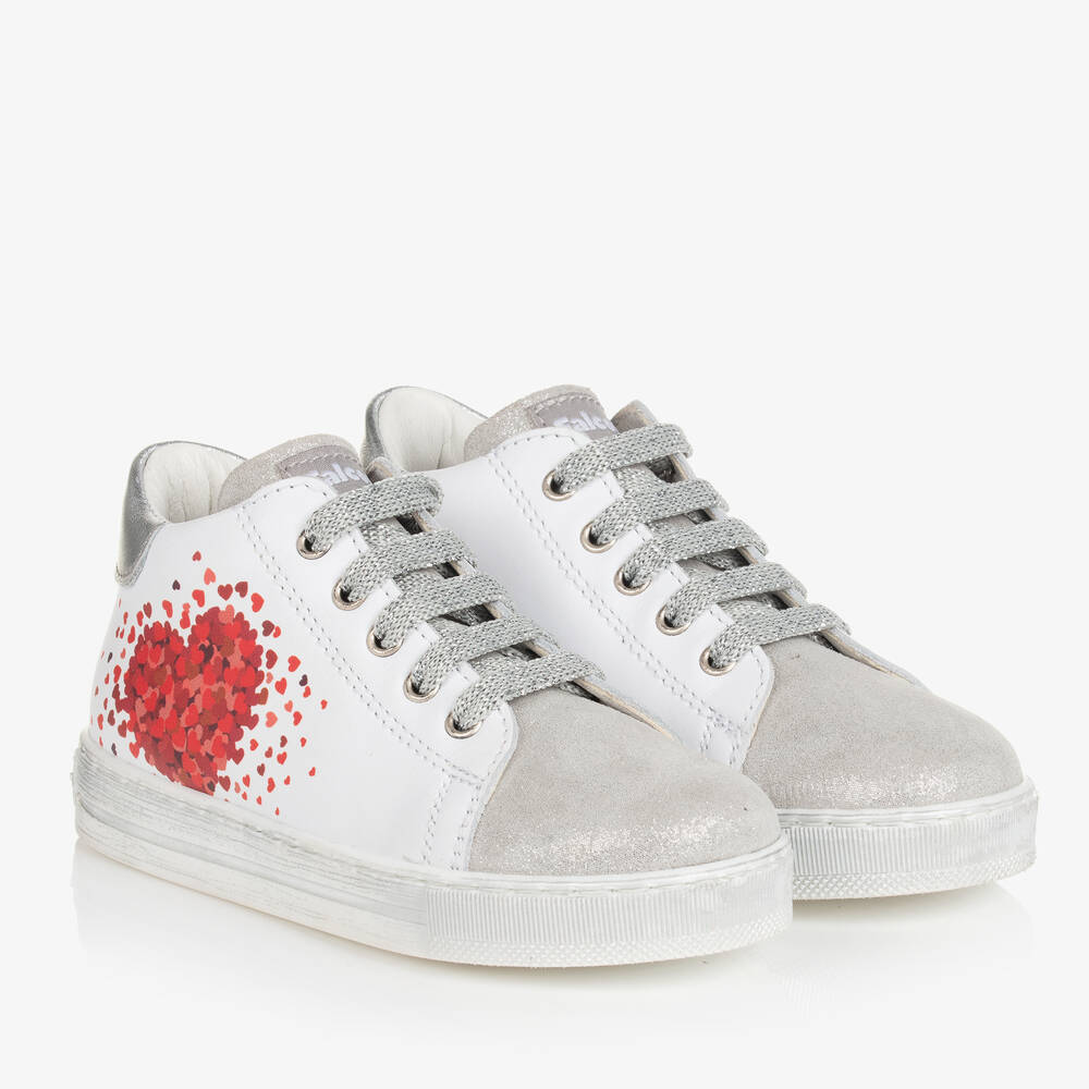 Falcotto by Naturino - Girls White & Red Leather Hearts Trainers | Childrensalon