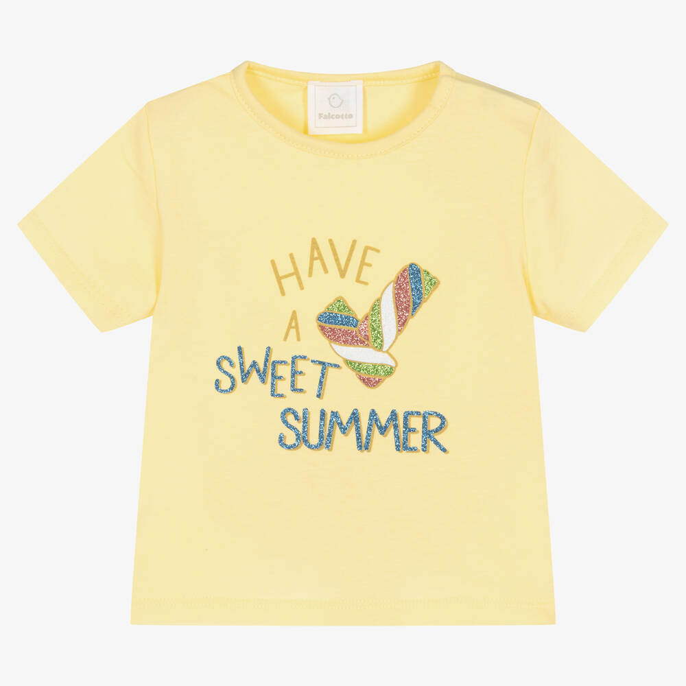 Falcotto by Naturino - Girls Yellow Cotton Glitter T-Shirt | Childrensalon