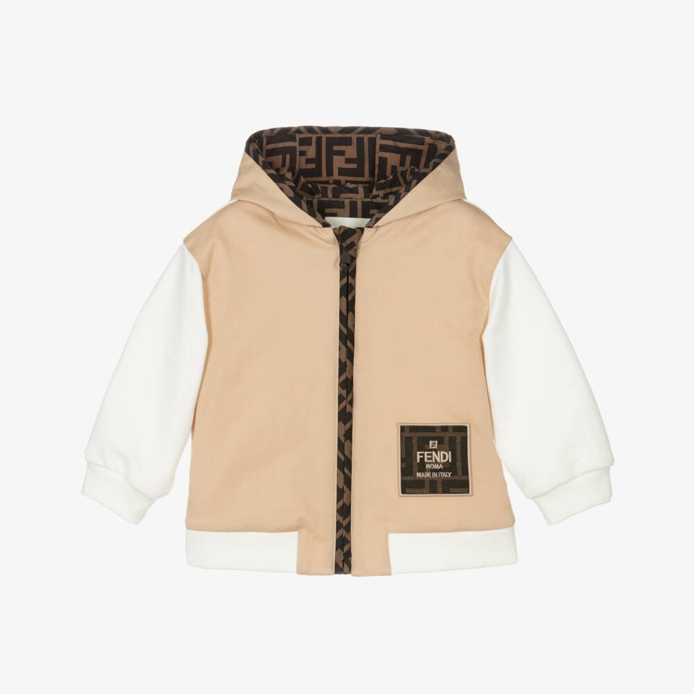 Fendi-Baby Boys White & Beige Cotton Zip-Up Top | Childrensalon Outlet