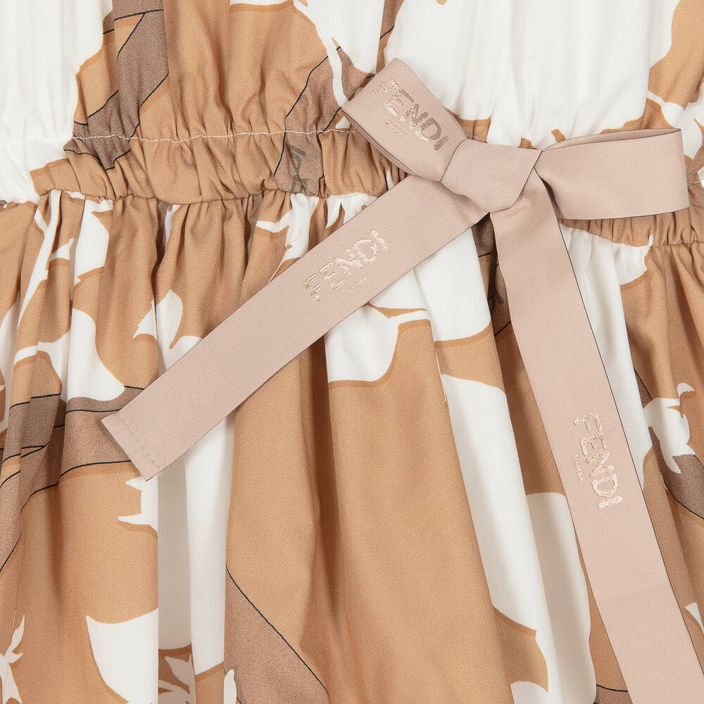فندي-فستان قطن بوبلين لون بيج بطبعة ورود | Childrensalon Outlet