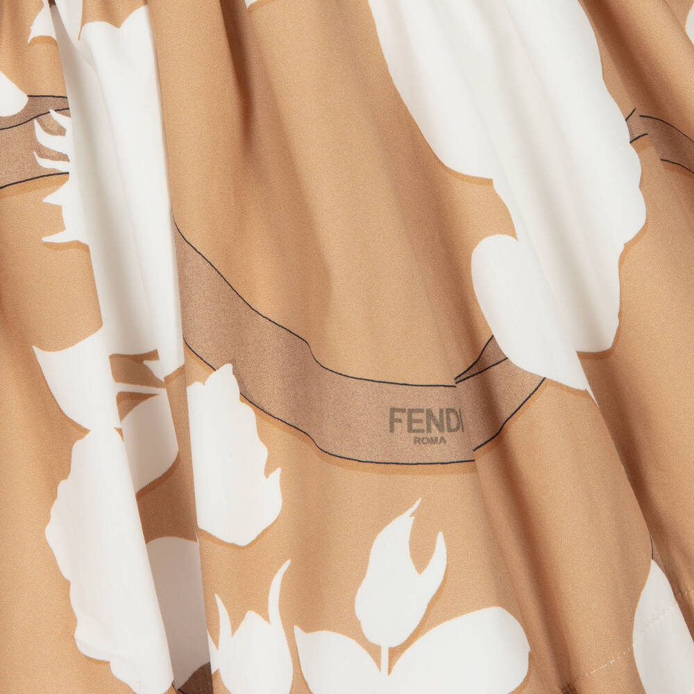 فندي-فستان قطن بوبلين لون بيج بطبعة ورود | Childrensalon Outlet