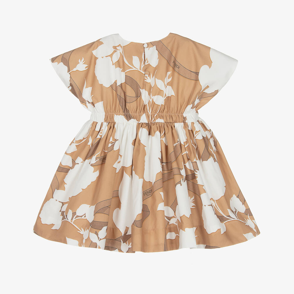 فندي-فستان قطن بوبلين لون بيج بطبعة ورود | Childrensalon Outlet