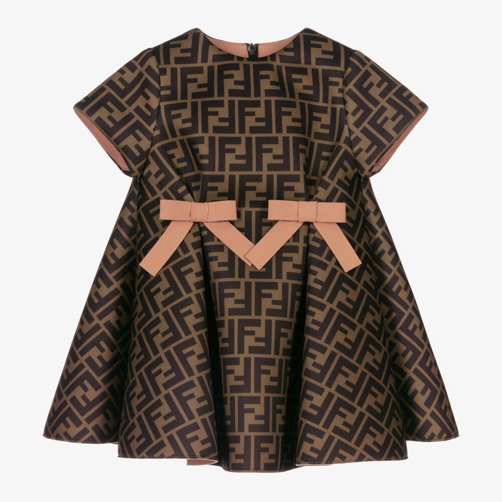 Fendi-Baby Girls Brown FF Bow Dress | Childrensalon Outlet