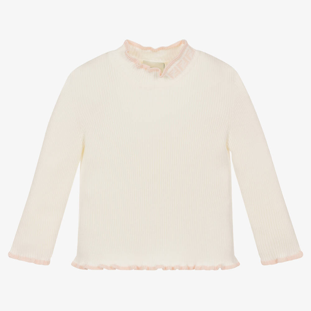 Fendi-Baby Girls Ivory & Pink Ruffle Neck Top | Childrensalon Outlet
