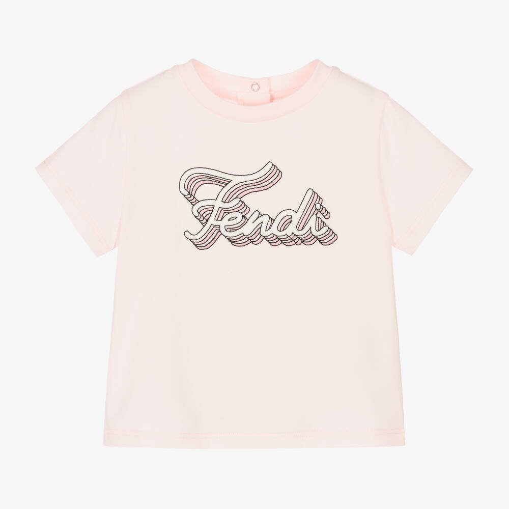 Fendi-Baby Girls Pink Cotton T-Shirt | Childrensalon Outlet