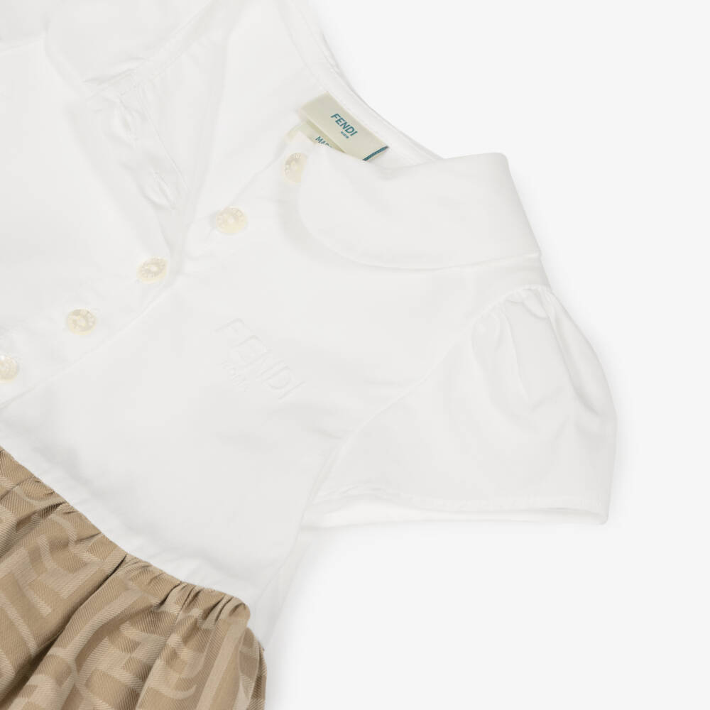 Fendi-Baby Girls White & Beige FF Cotton Dress | Childrensalon Outlet