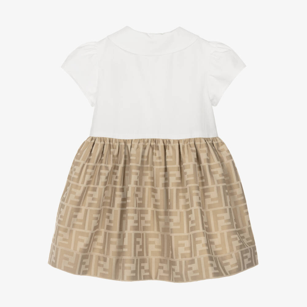 Fendi-Baby Girls White & Beige FF Cotton Dress | Childrensalon Outlet