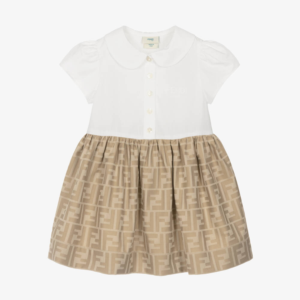 Fendi-Baby Girls White & Beige FF Cotton Dress | Childrensalon Outlet