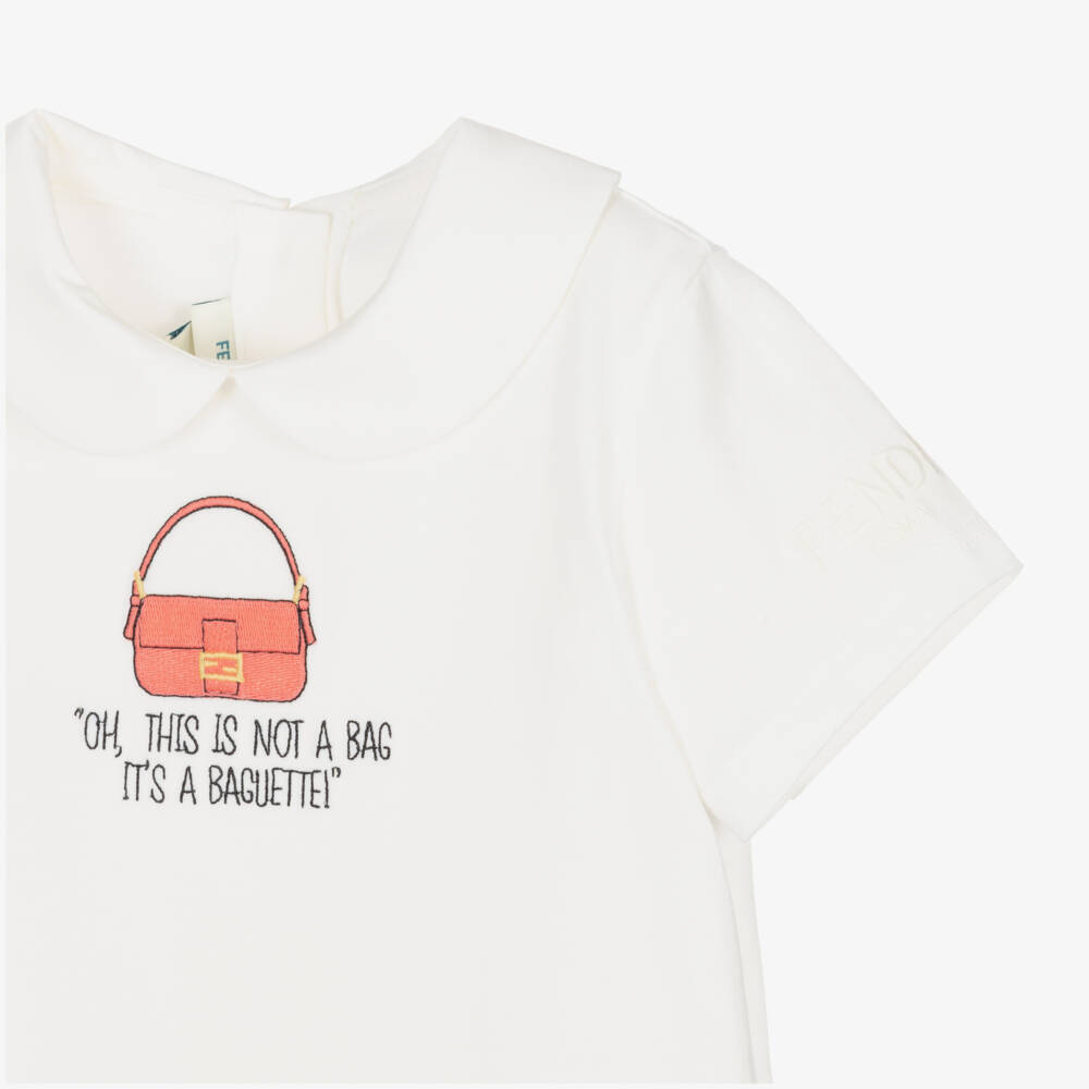 Fendi-Baby Girls White Cotton Baguette Bag T-Shirt | Childrensalon Outlet
