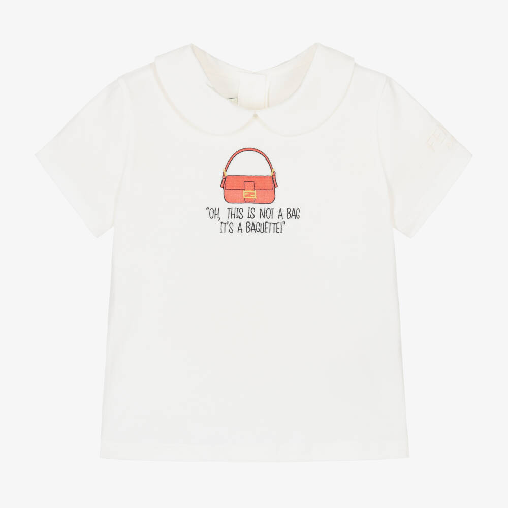 Fendi-Baby Girls White Cotton Baguette Bag T-Shirt | Childrensalon Outlet