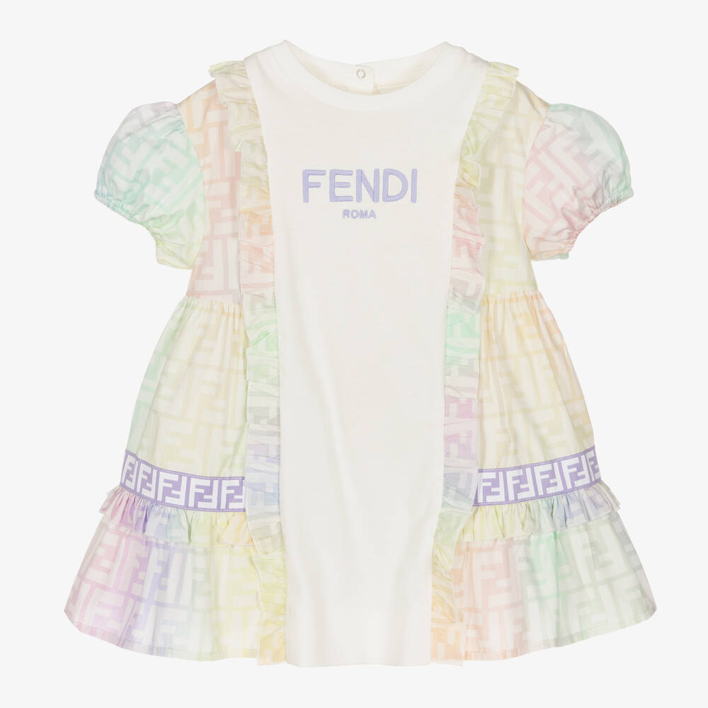 Baby Girls White Cotton FF Logo Dress